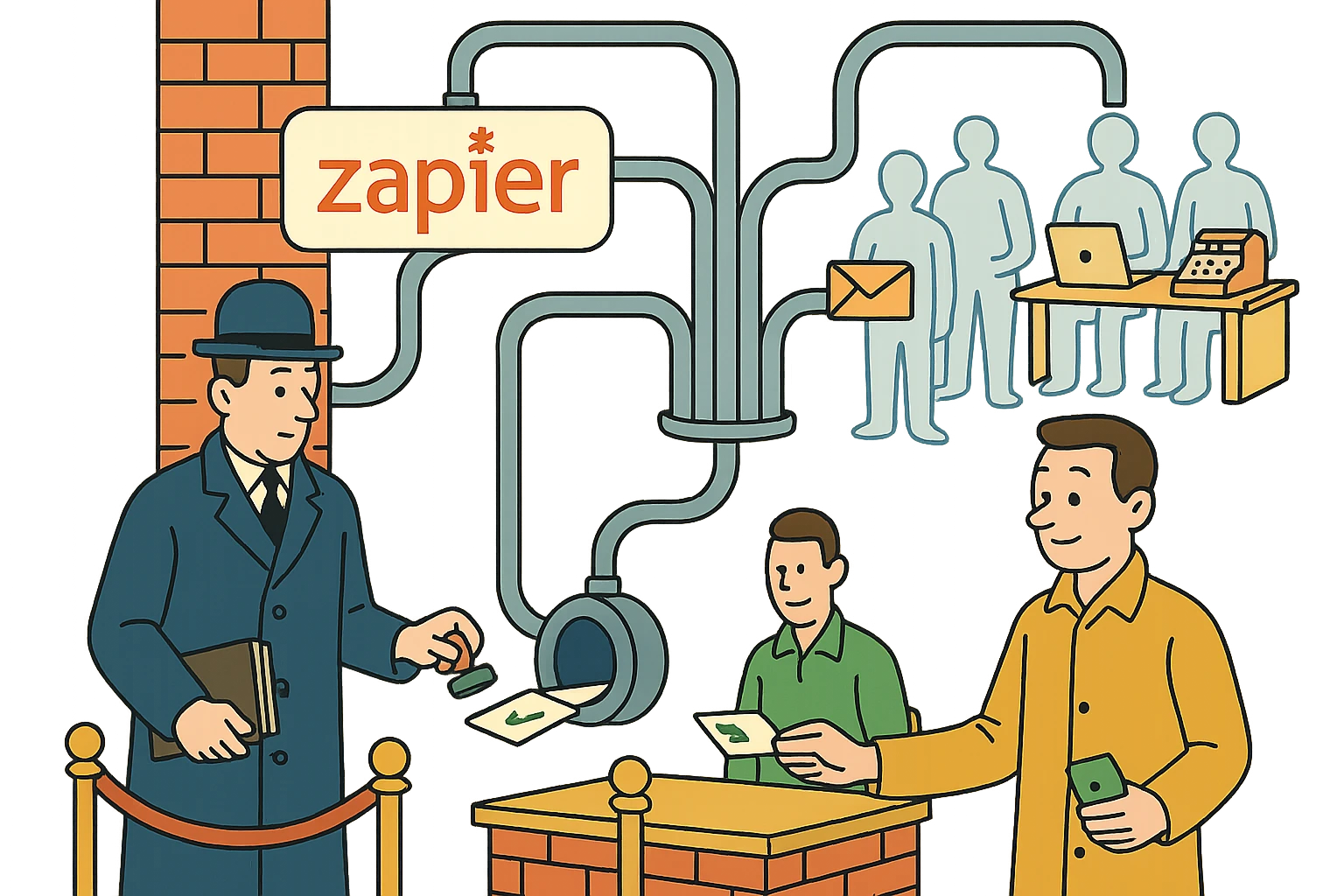 Zapier and Make: One yes at the rope, routed by tube to every desk you work at.