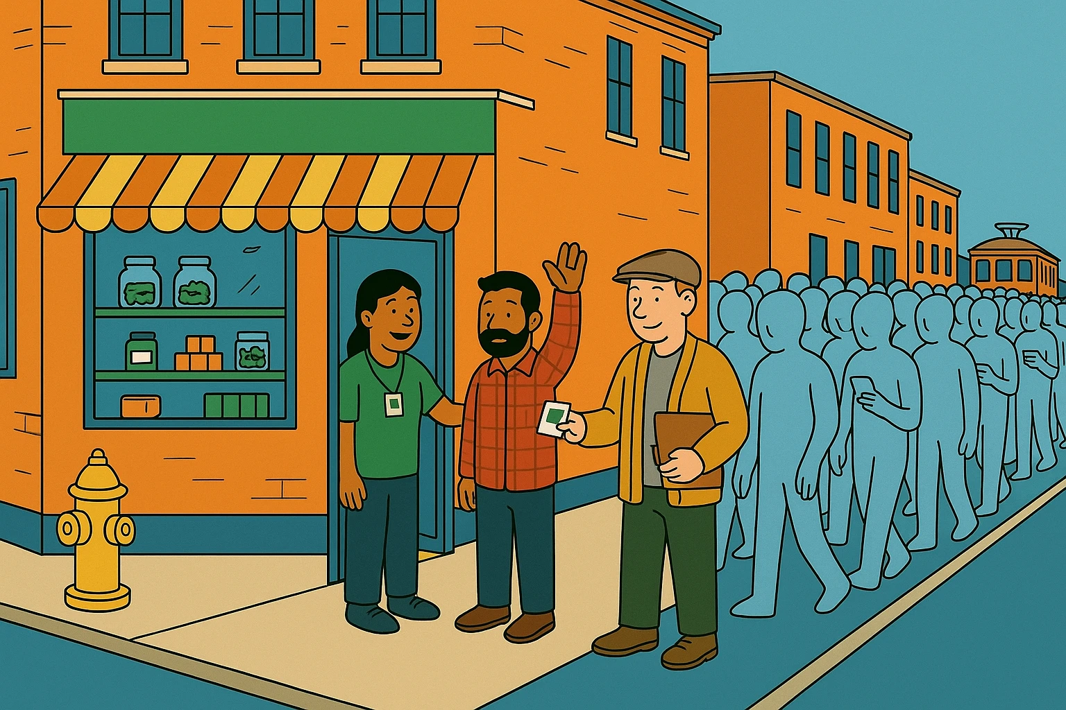 Cartoon of a dispensary corner where a crowd of pale-blue faceless figures on phones streams past; one bearded man in a red plaid shirt, the only figure in full color, stands at the open door with his hand raised, as a budtender welcomes him and the auditor holds up his green-stamped card.