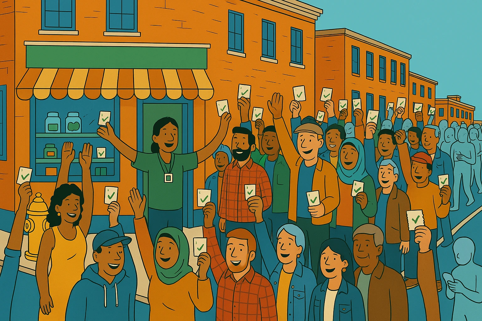 Cartoon of the same dispensary doorway, now with a happy, diverse crowd of about thirty adults filling the sidewalk, every one with a hand raised and holding a small coupon with a green check, the budtender in the doorway with both arms open, and only a few pale-blue strangers left at the edge of the street.
