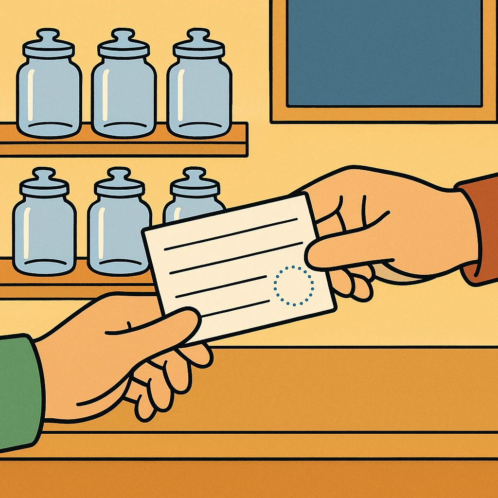 Cartoon of an index card being handed across a dispensary counter with four blank ruled lines and a round approval stamp.