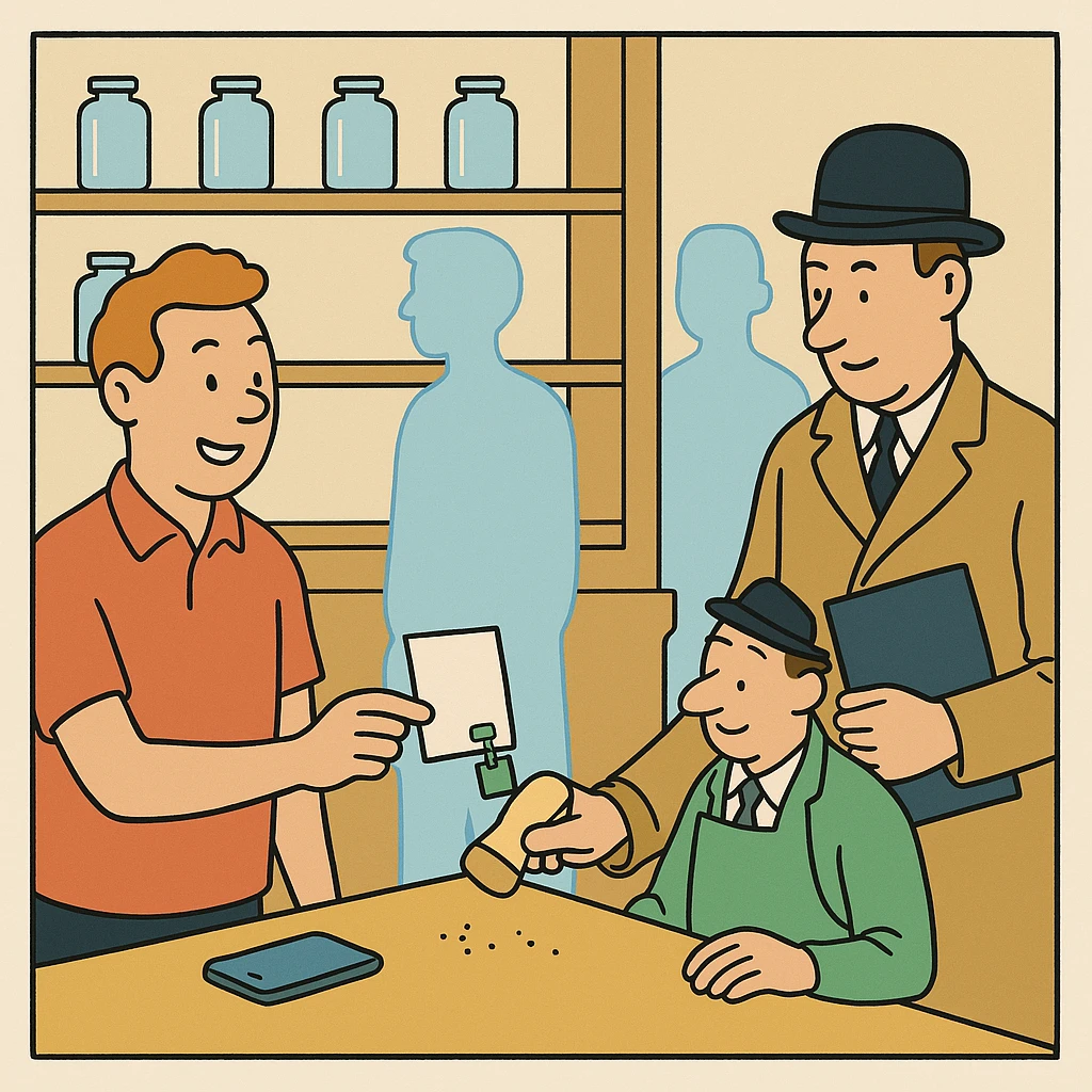 Cartoon of a person handing back an index card that the auditor cheerfully erases blank.