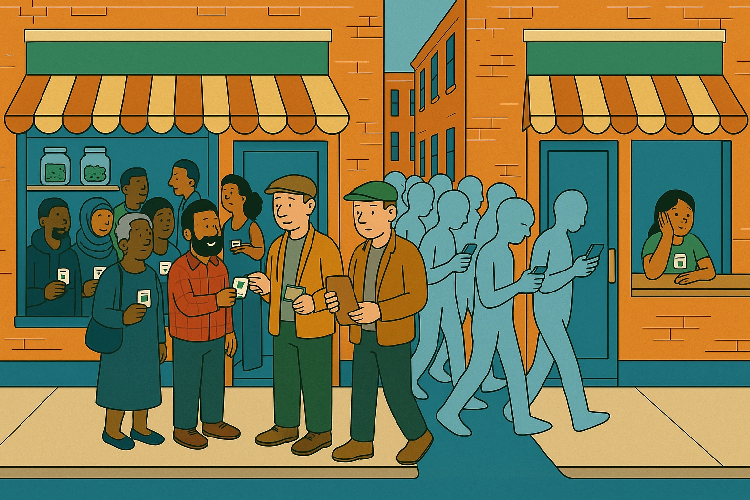 Cartoon of two identical dispensary shopfronts on one sidewalk as the same crowd of pale-blue faceless figures on phones passes both; the left shop is packed with smiling, varied customers holding stamped cards while the auditor hands one more card at the door, and the right shop is empty with a budtender resting her chin on her hand.