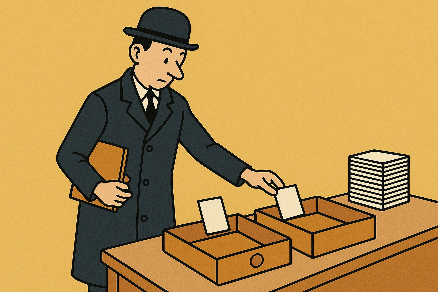 Cartoon of the auditor at a sorting table dropping index cards into two plain wooden trays at once, one marked with a small circle and one left blank, a tall stack of unsorted cards beside him.