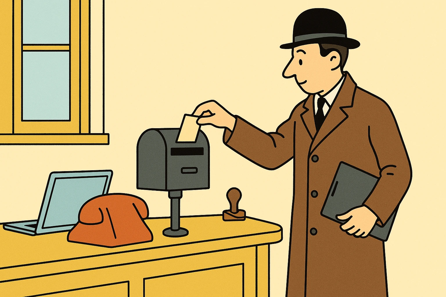 Cartoon of the auditor sliding an index card into a small mailbox on a counter beside a laptop, while a telephone on the counter is covered by a cloth.