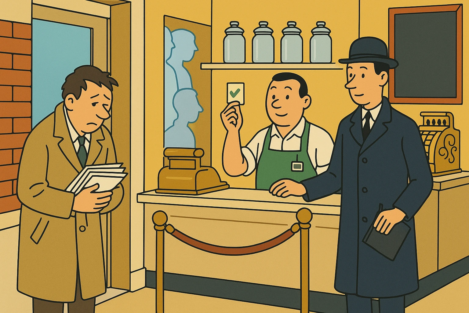 Cartoon of a process server with a stack of envelopes at a velvet rope, deflated, while the auditor calmly holds up a stamped consent card and the shopkeeper looks on.