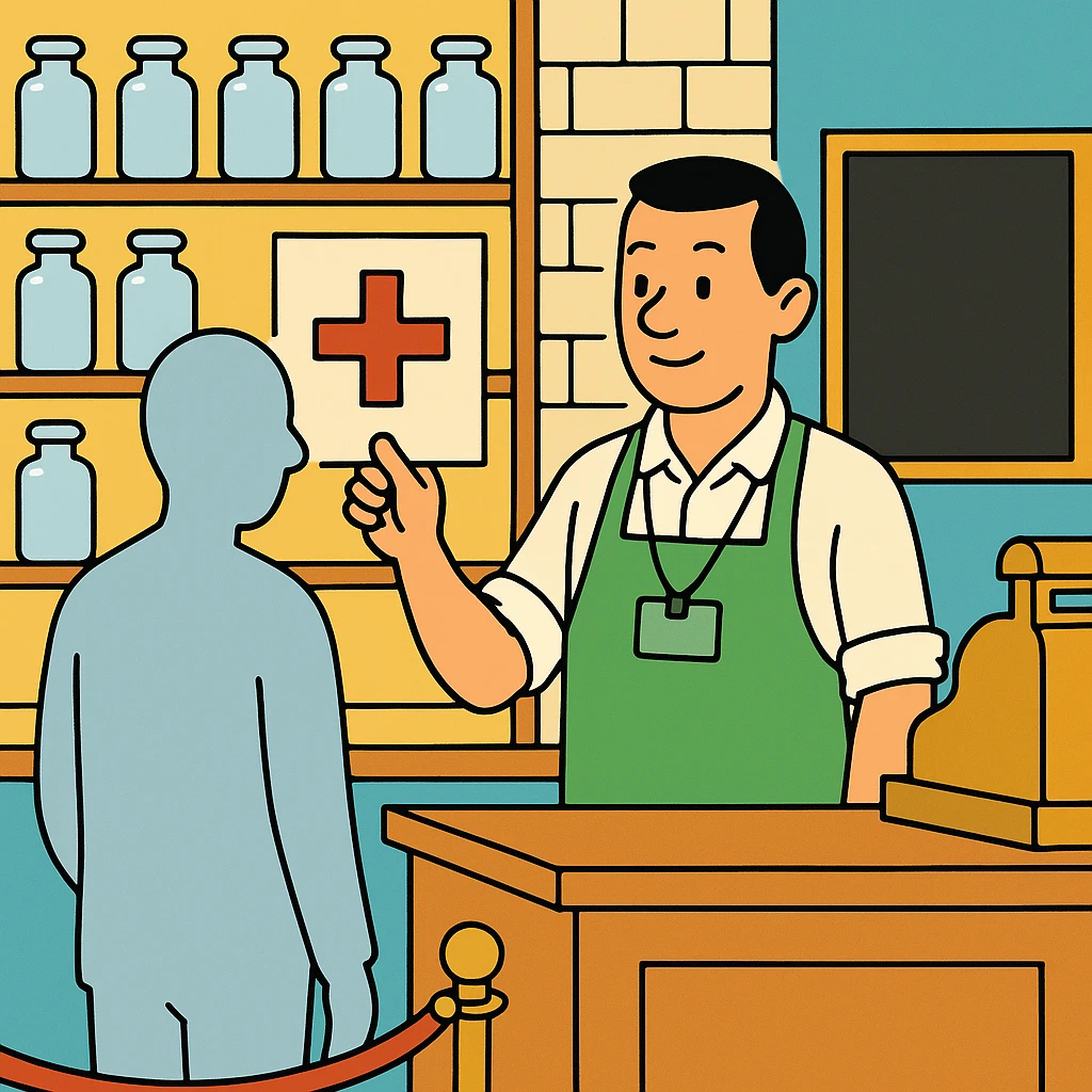 Cartoon of the shopkeeper holding up a placard with a large cross, nodding politely, while the visitor remains a featureless grey silhouette turning to browse the menu.