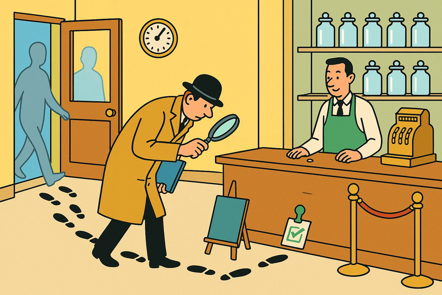 Cartoon of the auditor with a magnifying glass following a trail of footprints from a shop doorway, past a blank menu board and a clock, to a stamped card.