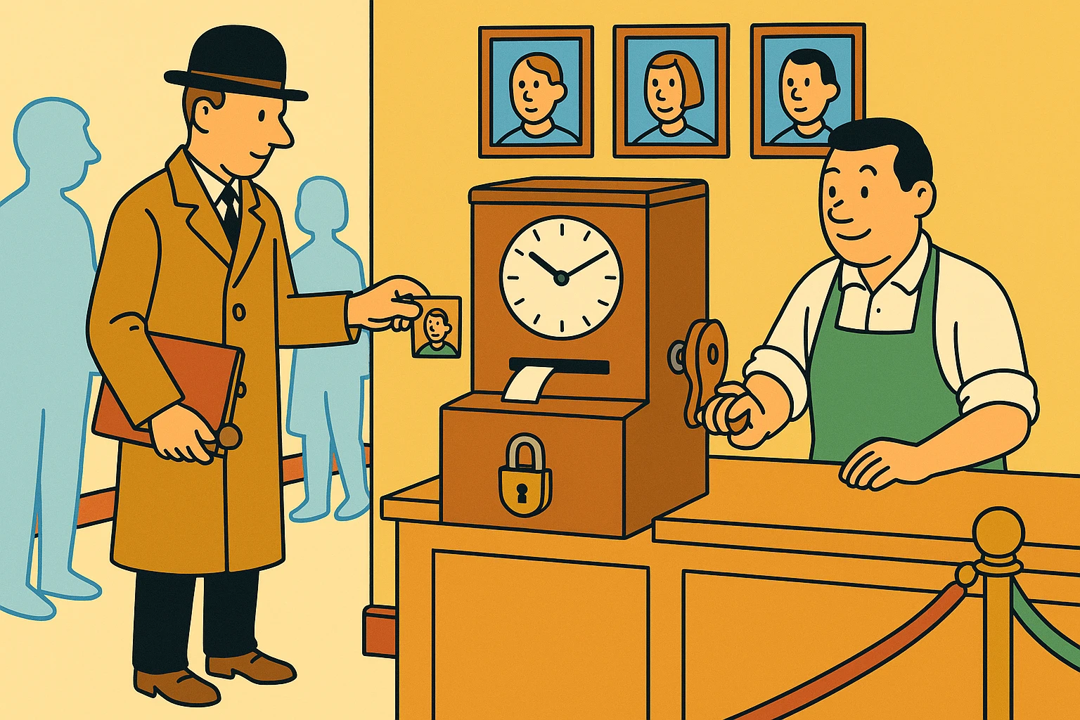 Cartoon of the auditor feeding stamped cards into a wooden sync box with a clock face and padlock while the shopkeeper turns its crank; four screens on the wall each show a matching drawn face.