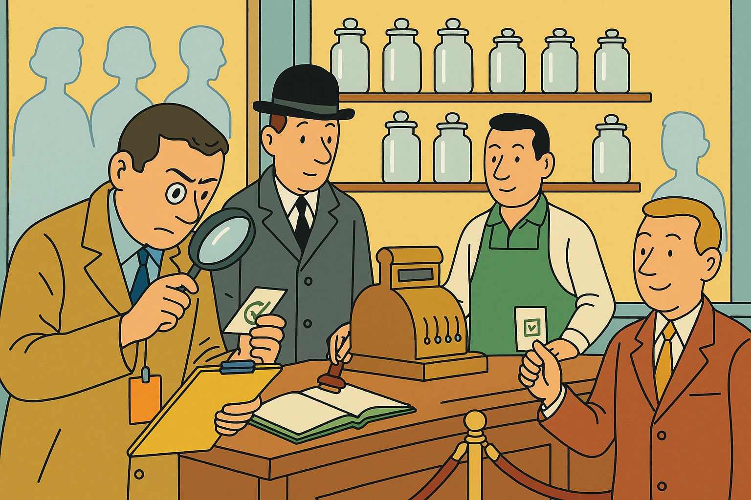 Cartoon of a state inspector with a clipboard examining a stamped card through a magnifying glass while the auditor opens a bound ledger to the matching page.