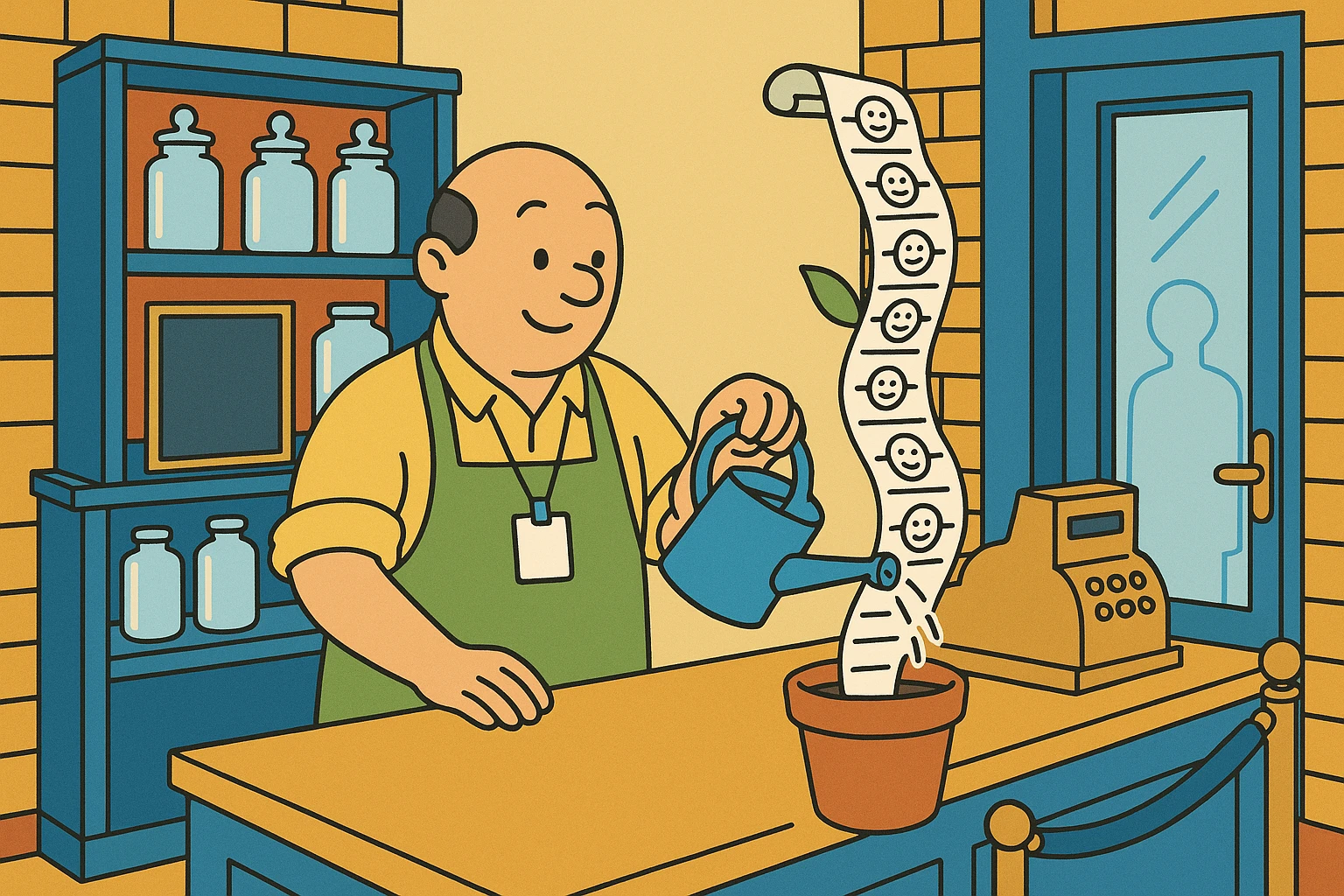 Cartoon of the shopkeeper watering a tall paper list that grows out of a flowerpot on the counter like a beanstalk, each line holding a small drawn face.