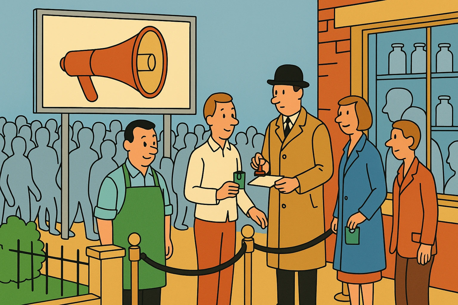 Cartoon of a megaphone billboard blasting at a crowd of grey silhouettes who stream past a shop gate and fade out, while the shopkeeper at the gate stamps cards for the few who stop and say yes.