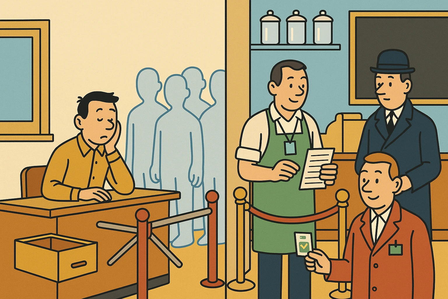 Cartoon of a bored clerk waving visitors through a turnstile that records nothing, beside the shopkeeper at a velvet rope unfolding the same visitor's yes into a tall record card.