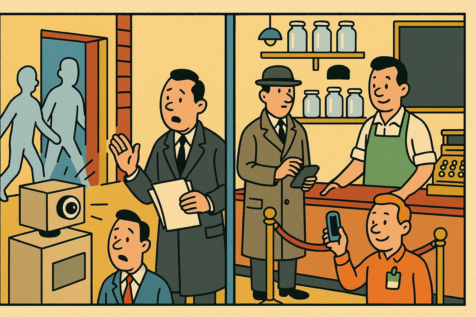 Cartoon of a camera-eyed machine photographing grey silhouettes the moment they step through a shop doorway while a worried lawyer waves papers, beside the shopkeeper waiting calmly at a rope for a visitor to answer.