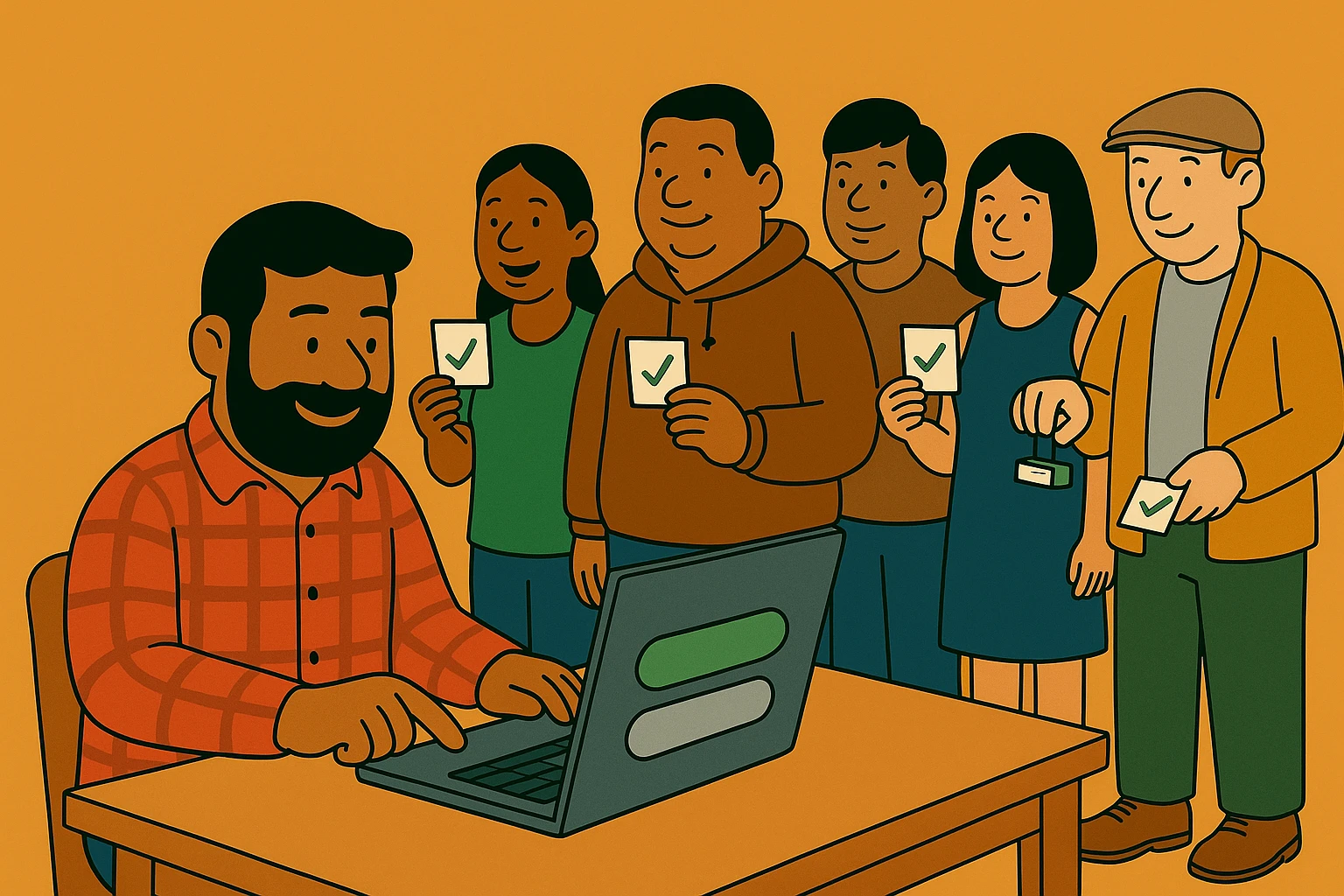 Cartoon of a bearded customer in red plaid at the same laptop tapping the green button of a two-button banner while a smiling line of customers waits behind him holding stamped cards and the auditor stamps the next one.