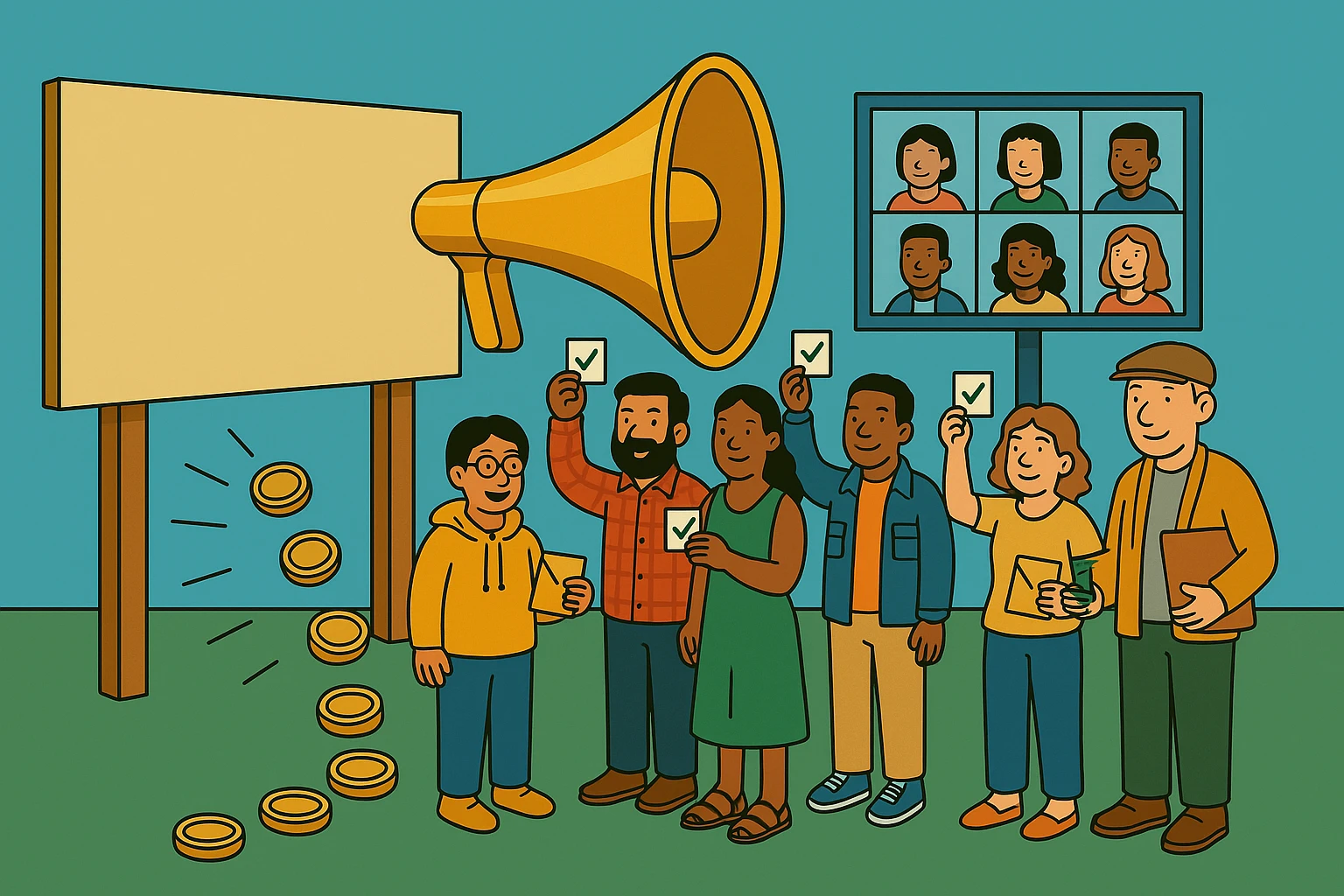 Cartoon of the same billboard and megaphone, now with a happy group of customers holding up stamped cards with green checks and coupon envelopes, a screen behind them showing a grid of their faces, and the auditor beside it with his stamp.