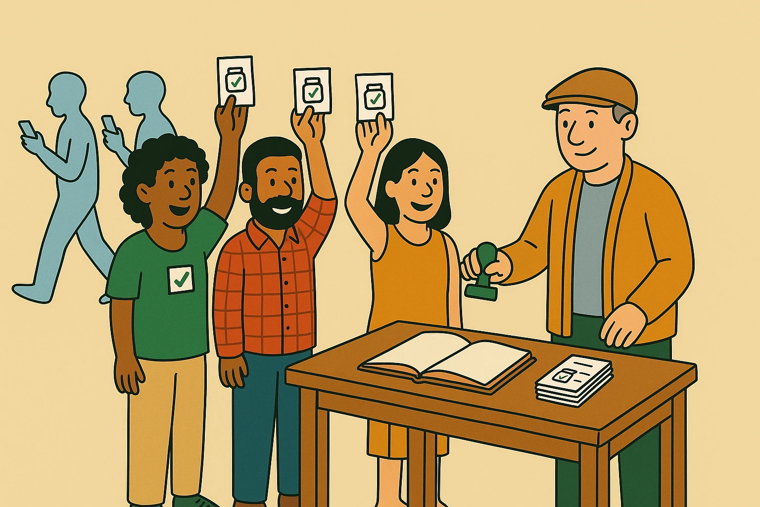 Cartoon of the auditor stamping a short neat stack of green-checked cards at the same table while three customers hold up their own cards and a few pale-blue figures walk past untouched.