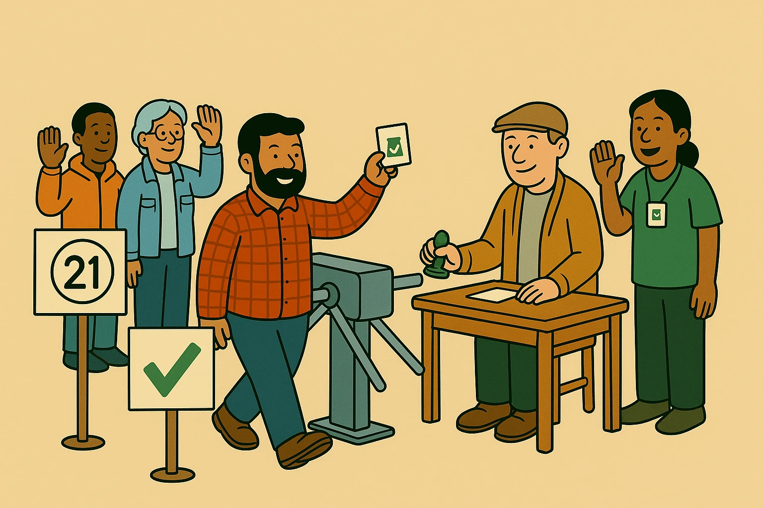 Cartoon of the same turnstile with a second sign bearing a green check, a bearded customer in red plaid walking through holding up a stamped card, the auditor stamping the next card at a small table, the budtender waving, and two more customers waiting with hands raised.
