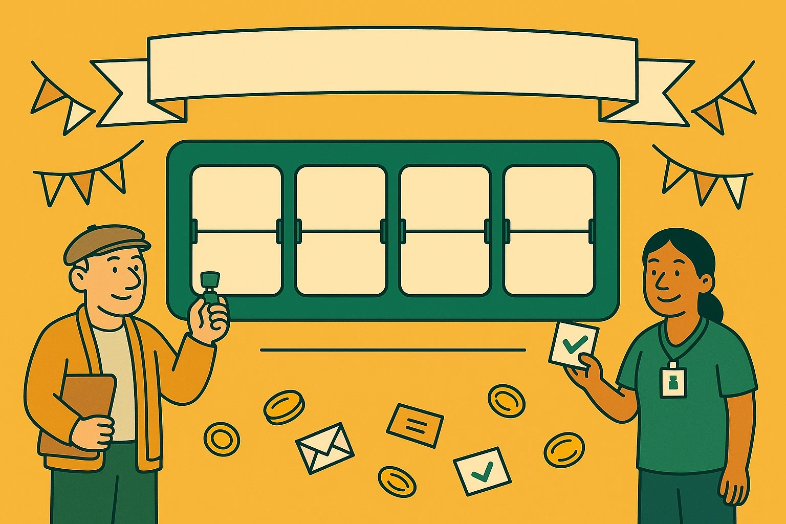 Green Wednesday promotional card: a split-flap countdown clock counting down to the day, the auditor with his stamp on one side and the budtender holding a green-check card on the other, with pennants, coins, and coupons.