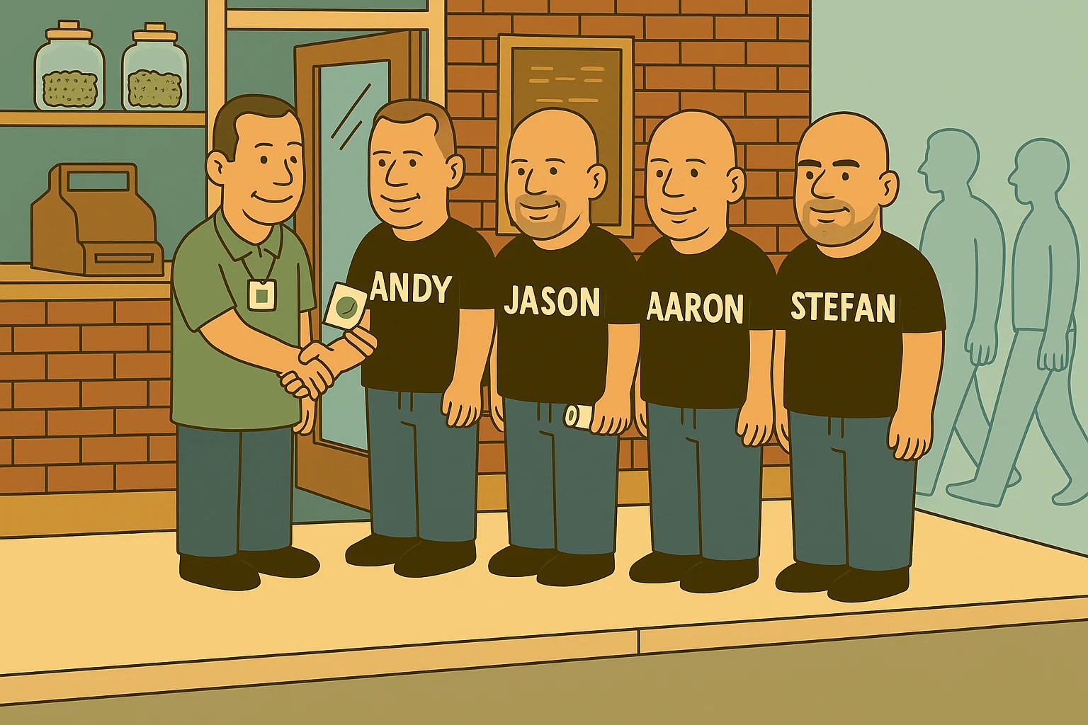 Ligne claire drawing of the four founders in a row outside a dispensary doorway: Andy shakes the shopkeeper's hand, Jason carries a tray of stamped cards, Aaron holds a rolled newspaper, Stefan has a laptop under his arm, and a pale outlined queue of visitors looks at telephones down the street.